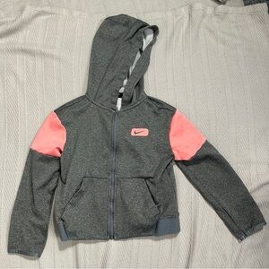 Nike Dri-Fit zip up hoodie, girls size small, gray/pink, pockets, spring, layer